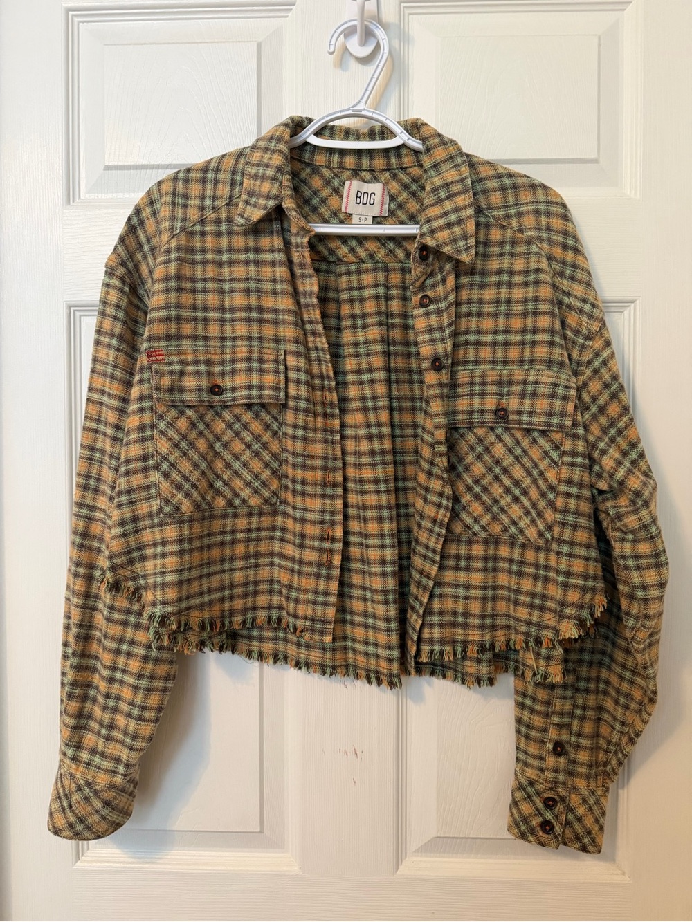 BDG Cropped Plaid Shacket in Mustard and Olive